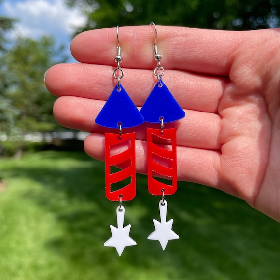 Red, White & Blue Rocket Dangle Earrings | Novelty Earrings | Fun