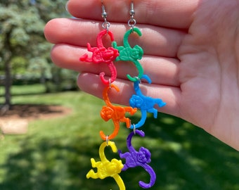 Rainbow Monkey Toy Dangle Earrings | Pride Earrings | Novelty Earrings | Unique Earrings | Fun Earrings