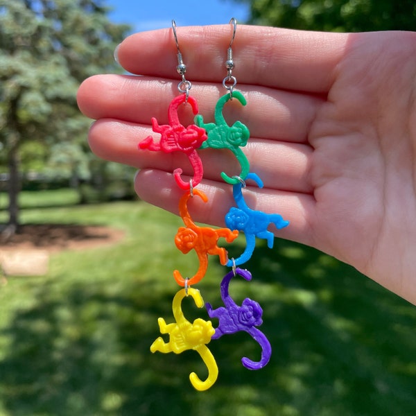 Rainbow Monkey Toy Dangle Earrings | Pride Earrings | Novelty Earrings | Unique Earrings | Fun Earrings