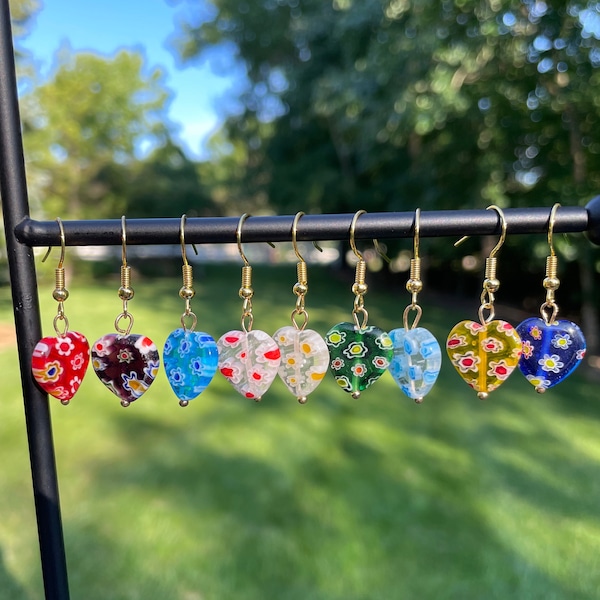 Millefiori Style Glass Heart Dangle Earrings | Novelty Earrings | Unique Earrings | Fun Earrings