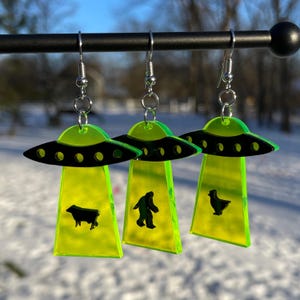 Florescent Green Alien Abduction Earrings | Novelty Earrings | Unique Earrings | Fun Earrings | Pretty Earrings | Bigfoot Earrings