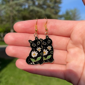 Floral Black Cat Earrings | Novelty Earrings | Unique Earrings | Pretty Earrings | Dangle Earrings | Whimsical Earrings