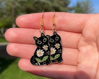 Floral Black Cat Earrings | Novelty Earrings | Unique Earrings | Pretty Earrings | Dangle Earrings | Whimsical Earrings