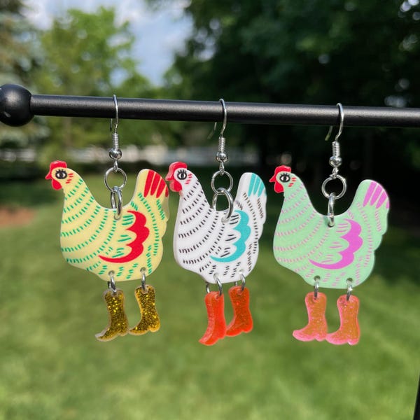 Silly Chickens in Boots Dangle Earrings | Novelty Earrings | Unique Earrings | Fun Earrings | Pretty Earrings | Animal Earrings