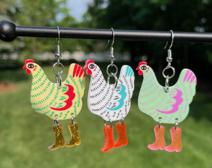 Silly Chickens in Boots Dangle Earrings | Novelty Earrings | Unique Earrings | Fun Earrings | Pretty Earrings | Animal Earrings