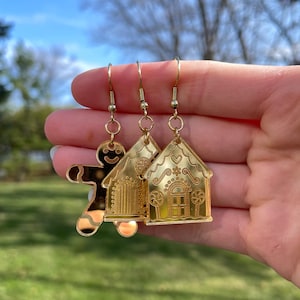 Engraved Gingerbread House Dangle Earrings | Unique Earrings | Pretty Earrings | Whimsical Earrings | Winter Earrings