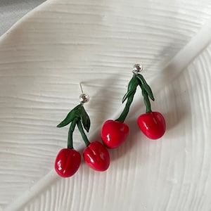 Cherry earrings, polymer clay earrings, statement earrings, Charmant, handmade red clay earrings, beautiful earrings, dangle , fruit