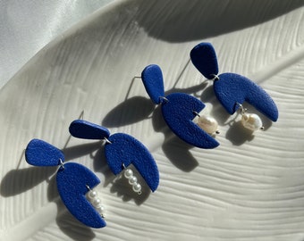 Pearl earrings, statement blue earrings, polymer clay earrings, Charmant , minimalistic earrings , blue dangle jewelry