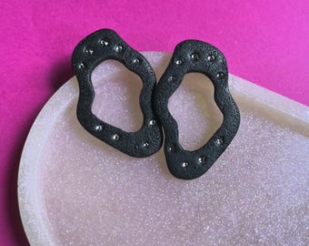 black geometric earrings, statement polymer clay earrings,  wave earrings with rhinestones