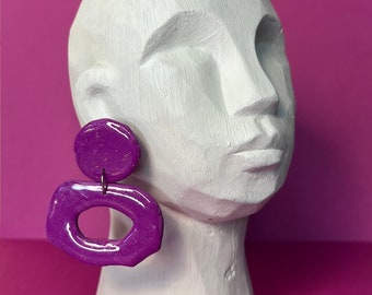 Purple clay earrings, dangle earrings, minimalistic earrings, modern , øreringe lille ,øreringe polymer ler , statement unique earrings