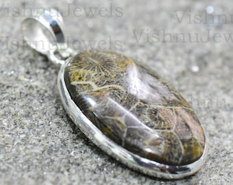 Fossil Coral Pendant: Bohemian 925 Sterling Silver Stone Pendant