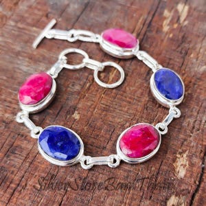 Sterling Silver Ruby Sapphire Cuff Bracelet – Artisan Boho Adjustable Statement Jewelry