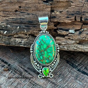 Green Copper Turquoise 925 Sterling Silver Pendant - Antique Style