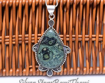 Kambaba Jasper Sterling Silver Pendant Necklace | Boho Natural Stone Statement Jewelry