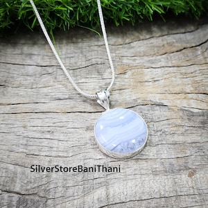 Blue Lace Agate Gemstone 925 Sterling Silver Antique Pendant, Handmade Jewelry, Boho Silver Pendant, Thanksgiving Gifts, Christmas Gifts