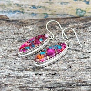 Pink Copper Turquoise Earrings: 925 Sterling Silver Cabochons