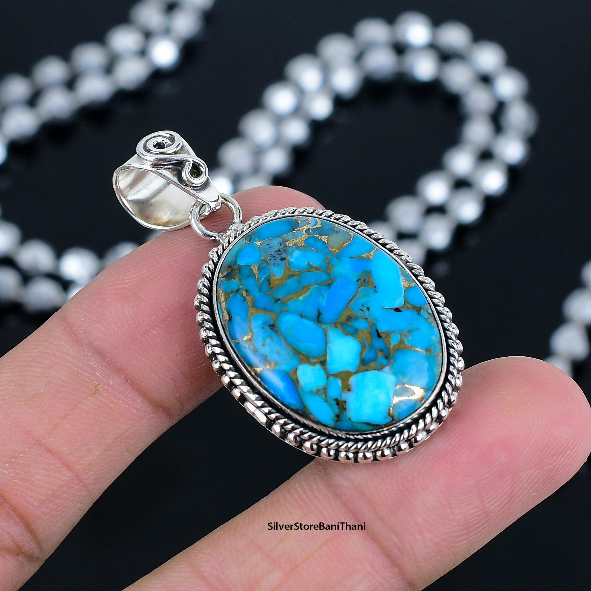 Handmade Blue Copper Turquoise 925 Sterling Silver Pendant