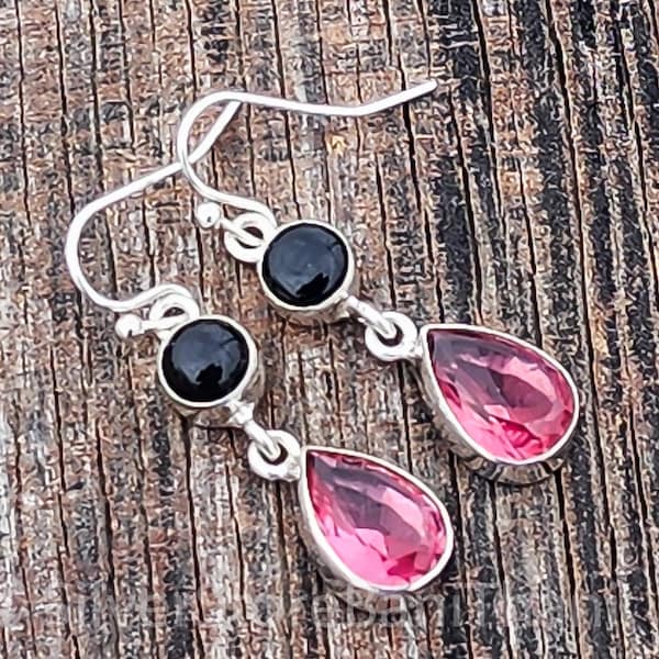 Handmade Black Onyx & Pink Tourmaline Dangle Earrings: 925 Sterling Silver