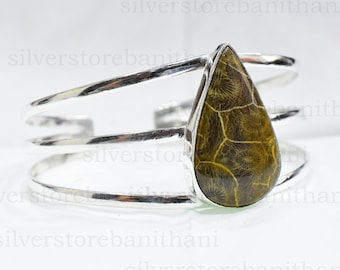 Fossil Coral Bangle: Handmade 925 Sterling Silver Cuff