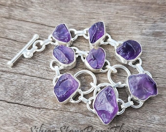 Natural Raw Amethyst 925 Sterling Silver Bracelet – Handmade Purple Gemstone Jewelry