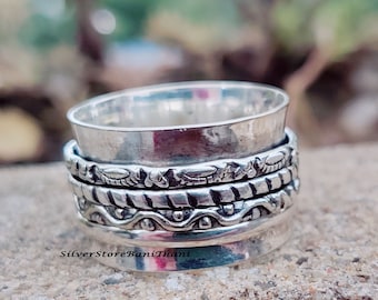 Solid Spinner Ring, 925 Sterling Silver Ring, Boho Ring, Adjustable Ring, Thick Band Ring ,Promise Ring, Hammered Ring, Gift Ring