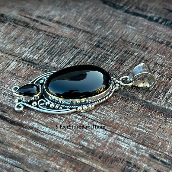 Pendentif Argent Sterling 925 Fait Main Avec Pierre Onyx Noir Bijou Fait Main Inde
