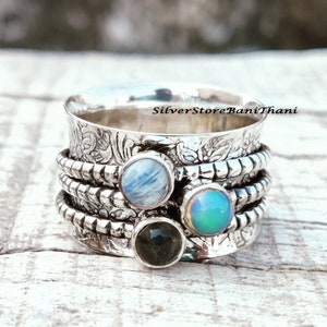 Opal, Moonstone, Black Onyx Spinner Ring, 925 Sterling Silver Ring, Hammered Ring, Gemstone Ring, Birthstone Ring, Popular Spinner Ring