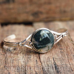 Natürlicher Moosachat Armreif 925 Sterling Silber | Handgemachtes rundes Edelstein Armband | Grüner Stein Schmuck Geschenk für sie