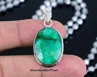 Handmade Zambian Emerald Sterling Silver Pendant Necklace: Engraved Oval