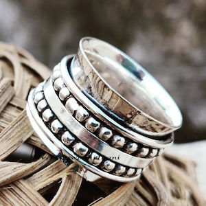 Hammered Sterling Silver Spinner Ring: Wide Band Boho Thumb Ring