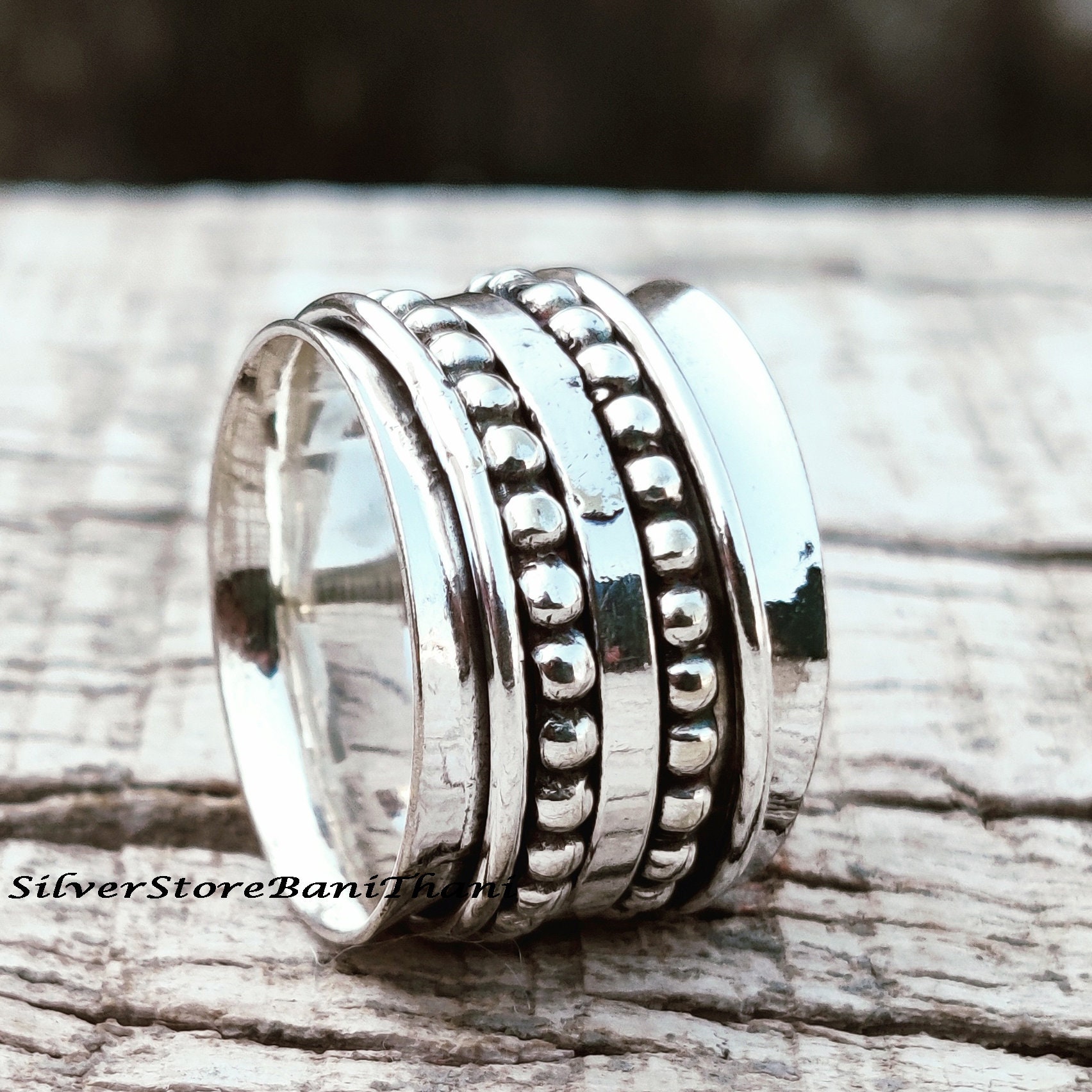 Hammered Sterling Silver Spinner Ring: Wide Band Boho Thumb Ring - Etsy