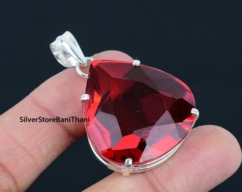 Handmade Red Garnet Pendant: 925 Sterling Silver Boho Necklace