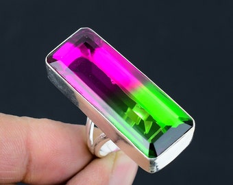 Handmade Bi Color Watermelon Tourmaline Ring: 925 Sterling Silver Jewelry