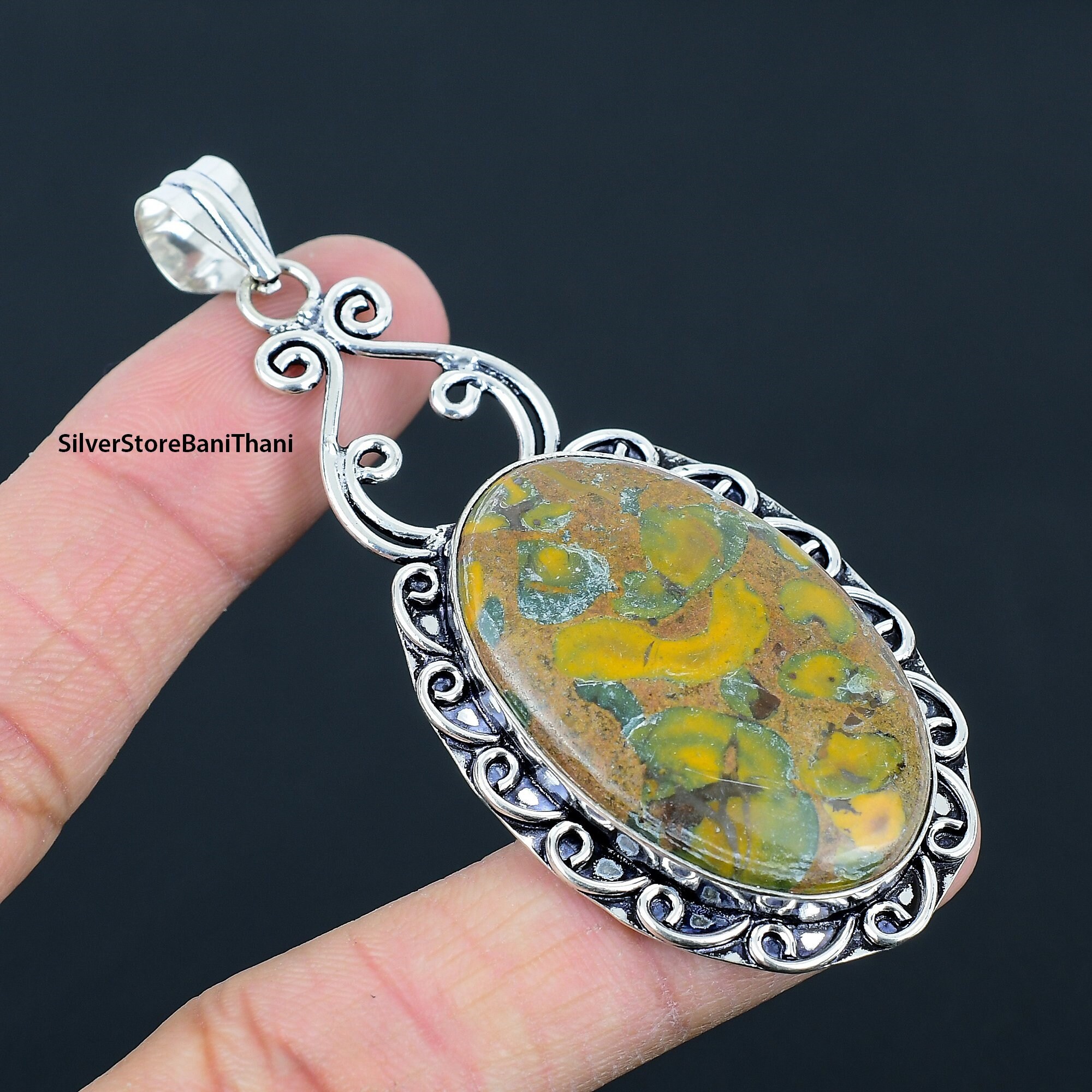 Pendentif En Argent Sterling 925 Avec Pierre De Jaspe Léopard - Fait Main En Inde - Bijou Unique Et Naturel