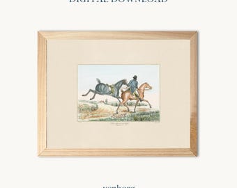 May include: A framed digital download print featuring a vintage equestrian scene. The artwork depicts two horses with riders in a field, rendered in soft colors. The print is set against a cream background, framed in light wood, with the text "DIGITAL DOWNLOAD" and "venborg".
