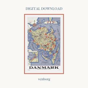 Könnte beinhalten: Eine Vintage-Karte von Dänemark mit der Insel Fünen, mit einer detaillierten Illustration der Region. Die Karte befindet sich in einem rechteckigen Rahmen mit den Worten "DIGITAL DOWNLOAD" oben und "DANMARK" unten.