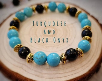 Turquoise Necklace Black Onyx Beads Genuine Turquoise Blue Black December Birthstone Gemstone Beads Unisex Gift Greenish Turquoise