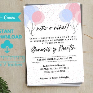 Spanisch Gender Reveal Einladung, Invitacion de Revelacion de Genero, Gender Reveal Ideen, Gender Reveal Party, Einladungsvorlage