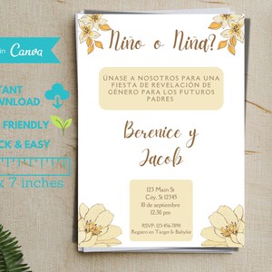 Spanish Gender Reveal Invitation, Invitacion de Revelacion de Genero, Gender Reveal Ideas, Gender Reveal Party, Invitation Template