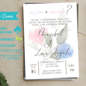 Spanisch Gender Reveal Einladung, Invitacion de Revelacion de Genero, Gender Reveal Ideen, Gender Reveal Party, Einladungsvorlage