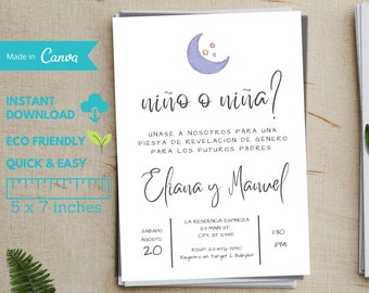 Invitación para revelar el sexo del bebé en español, diseño de Luna Moon (descarga digital)