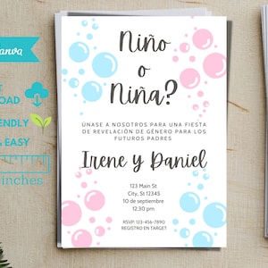 Spanisch Gender Reveal Einladung, Invitacion de Revelacion de Genero, Gender Reveal Ideen, Gender Reveal Party, Einladungsvorlage