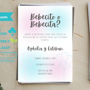 Spanish Gender Reveal Invitation, Invitacion de Revelacion de Genero, Gender Reveal Ideas, Gender Reveal Party, Invitation Template