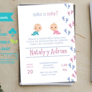Spaanse Gender Reveal uitnodiging, Invitacion de Revelacion de Genero, Gender Reveal Ideas, Gender Reveal Party, uitnodiging sjabloon