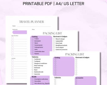 Planificador de itinerario de viaje / Paquete de lista de equipaje: planificador de vacaciones imprimible con versiones completas y en blanco / Descarga instantánea en PDF