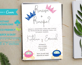 Invitación para revelar el sexo del bebé en español, Princesa o Príncipe, Plantilla editable (Digital)