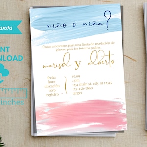 Spanisch Gender Reveal Einladung, Invitacion de Revelacion de Genero, Gender Reveal Ideen, Gender Reveal Party, Einladungsvorlage