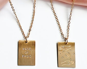 Engraved "MADE OF MAGIC" Necklace, 18K Gold Plated Rectangle Pendant, motivation inspirational mantra jewelry, gift for her, brushed gold