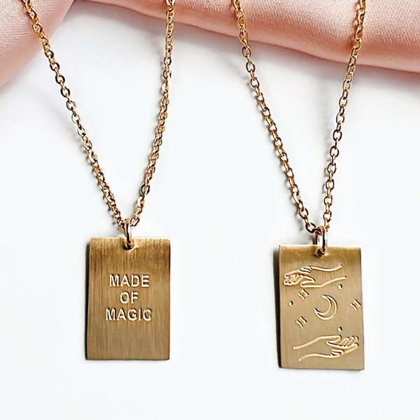 Engraved "MADE OF MAGIC" Necklace, 18K Gold Plated Rectangle Pendant, motivation inspirational mantra jewelry, gift for her, brushed gold