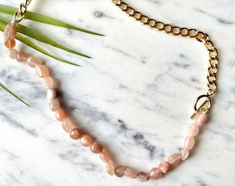 Peach Moonstone Beaded Necklace: 18K Gold Plated Chain, Boho Gemstone